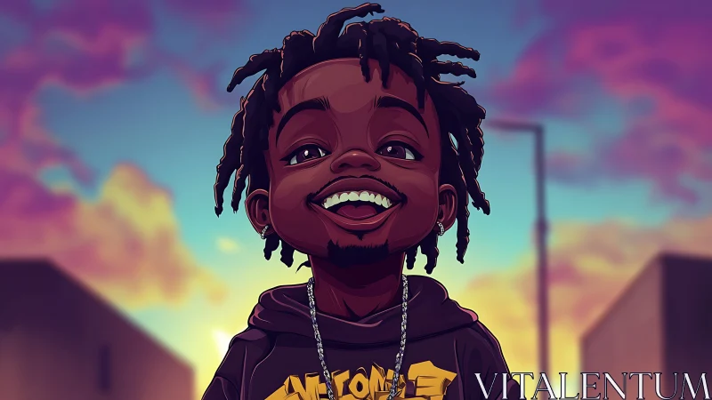 Sunset street joy with a big-smile kid in stylized glow.