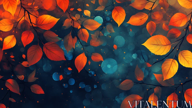 Glowing autumn leaves drift gently across a dreamy night sky