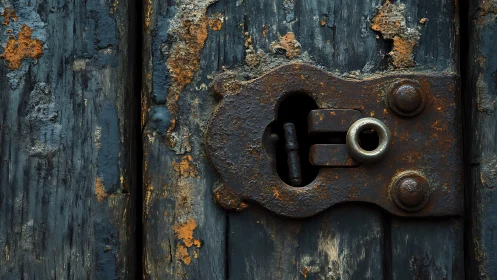 Corroded metal lock on weathered painted wooden surface.
