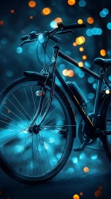 Bicycle glowing with electric blue light against bokeh urban nightscape