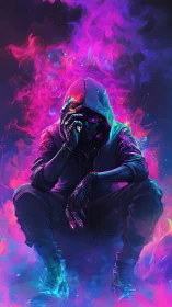Neon cloaked cyber-rogue crouched in magenta cyan plasma haze