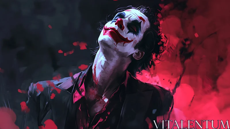 Clown-painted figure tilts head amid red digital abstraction