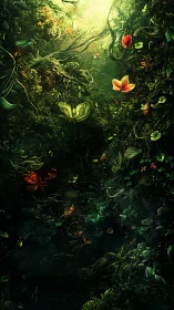 Luminous butterflies drift through dense enchanted jungle