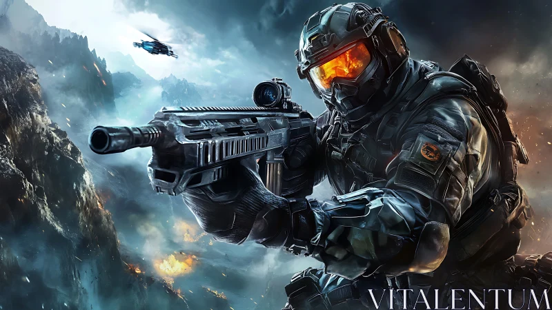 Armored sci fi soldier advancing through explosive canyon.