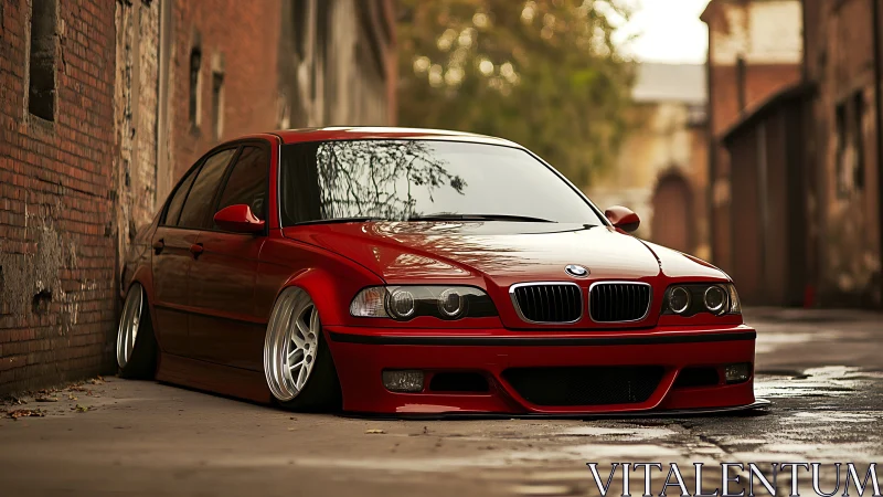 Stanced red BMW sedan lowered on alleyway pavement at dusk.