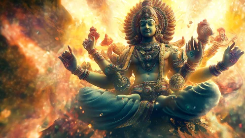 Multilimed deity radiates cosmic fire and jeweled serenity.