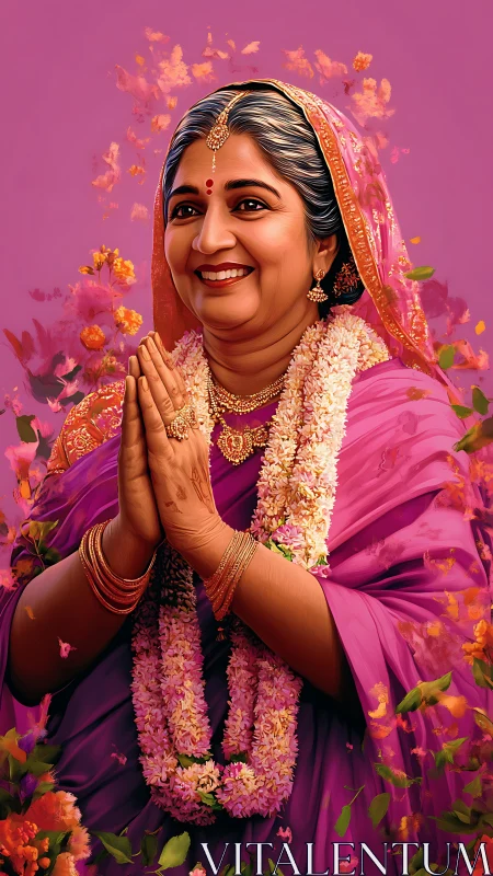 Smiling Indian woman greets viewer in vibrant floral portrait