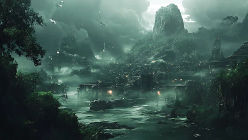 Rain-drenched jungle megacity with tiered hydro-architecture.