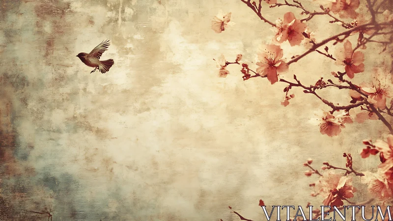 Sparrow crossing textured sky toward stylized cherry blossoms