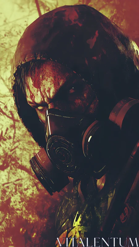 Hooded wasteland hunter in bloodlit gas mask glare.