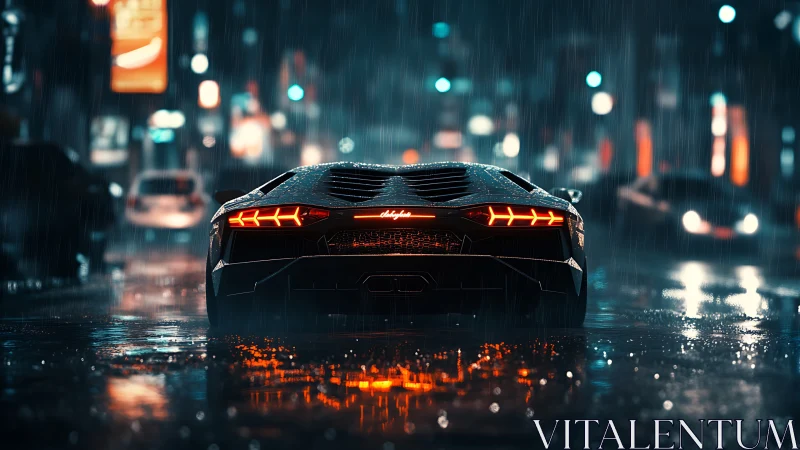 Rain-soaked supercar rear view in neon-illuminated wet street.