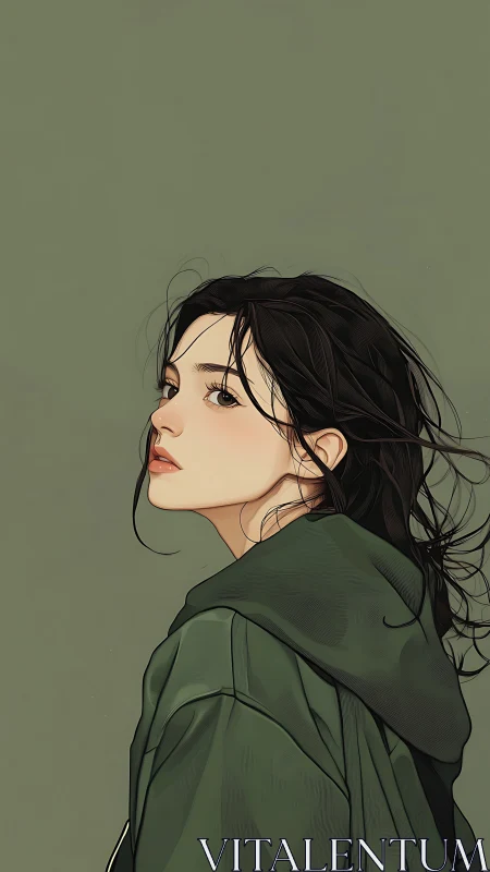 Side-profile portrait shows stylized girl in green hoodie