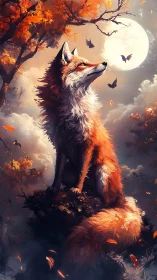Majestic fox under harvest moon in luminous autumn forest.