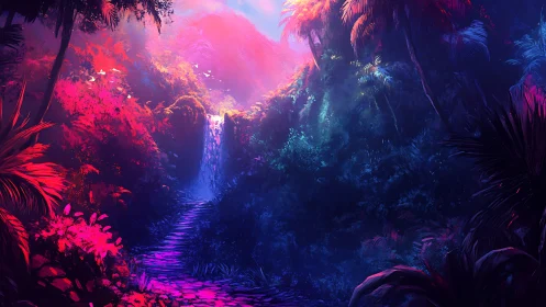 Neon-lit canyon landscape with waterfall and contrasting color spectrum.