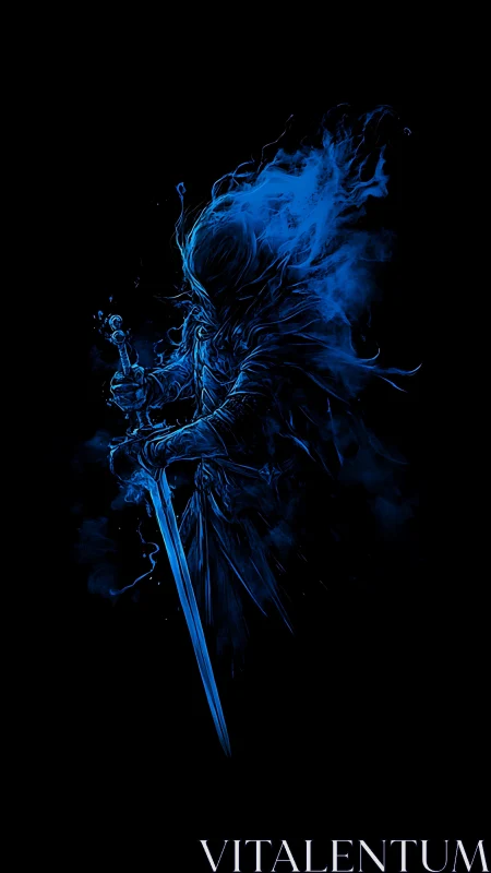 Spectral swordsman rendered in luminous blue vapor contours.