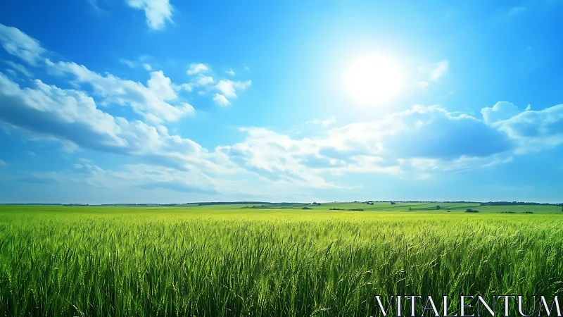 Endless green prairie under a blazing summer sky.
