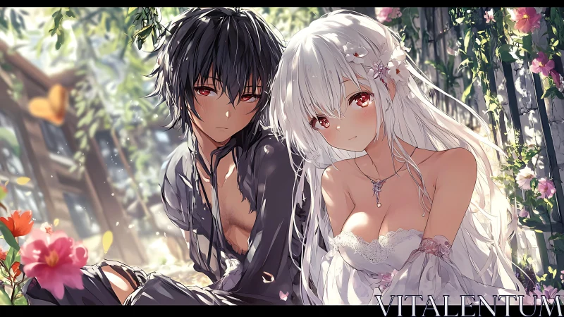 Anime couple in luminous flower garden embrace at sunset.
