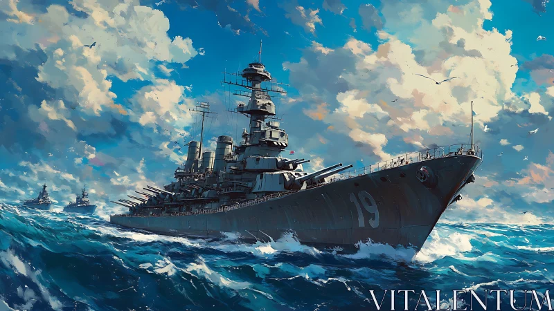 Large naval battleship number 19 moving through open ocean.