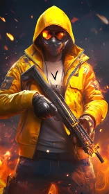 Hooded firebrand operative in neon armor stalking through embers.