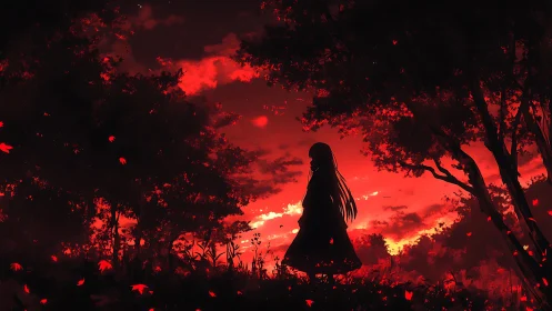 Silhouetted girl haunts a crimson twilight forest horizon.