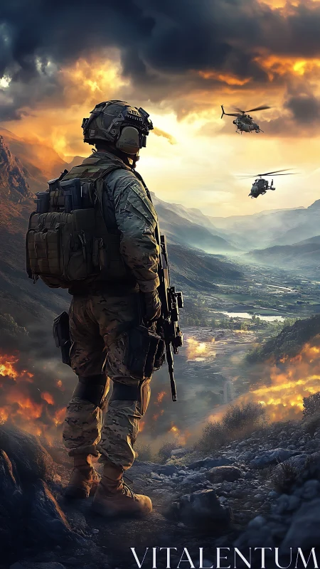 Tactical operator overlooking burning valley with helicopters