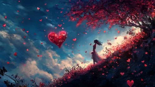 Woman with Floating Heart in Pink Flower Sky.