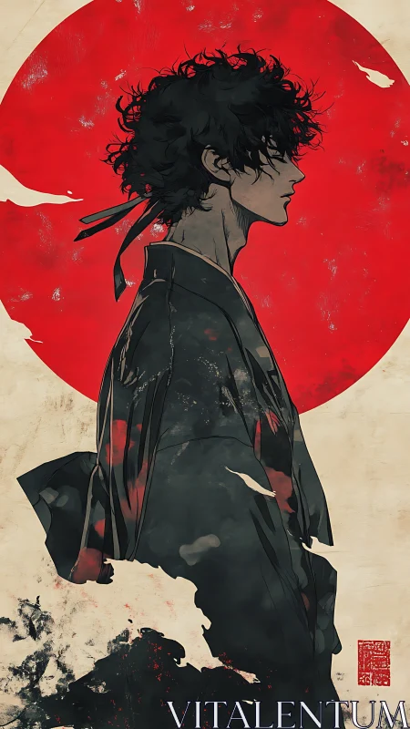 Stylized samurai profile against abstract red sun circle.