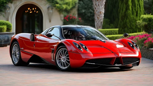 Red mid‑engine sports car parked in landscaped driveway.
