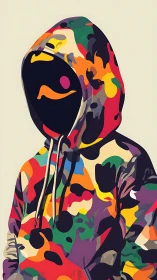 Color-saturated hooded figure in abstract streetwear camo.