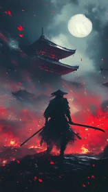 Silhouetted swordsman stands before burning pagoda at night