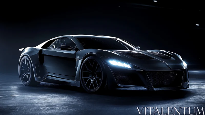 Midnight-black supercar glows under sleek studio lights.