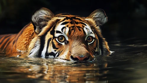 Tiger in low-angle aquatic approach, golden-hour sidelighting
