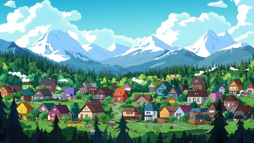 Colorful mountain village nestles cozily under bright snowy peaks