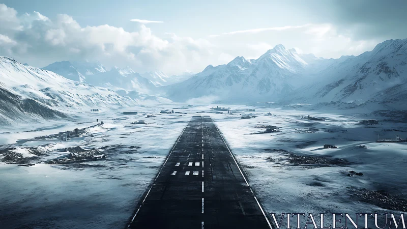 Snowbound military airstrip in glacial alpine valley panorama