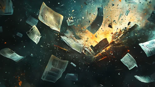 Digital painting of explosive data fragments and flying papers.