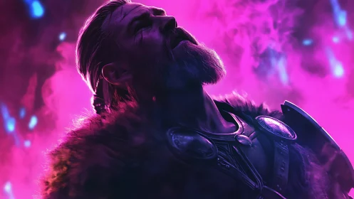 Stoic warrior bathed in glowing violet battlelight.