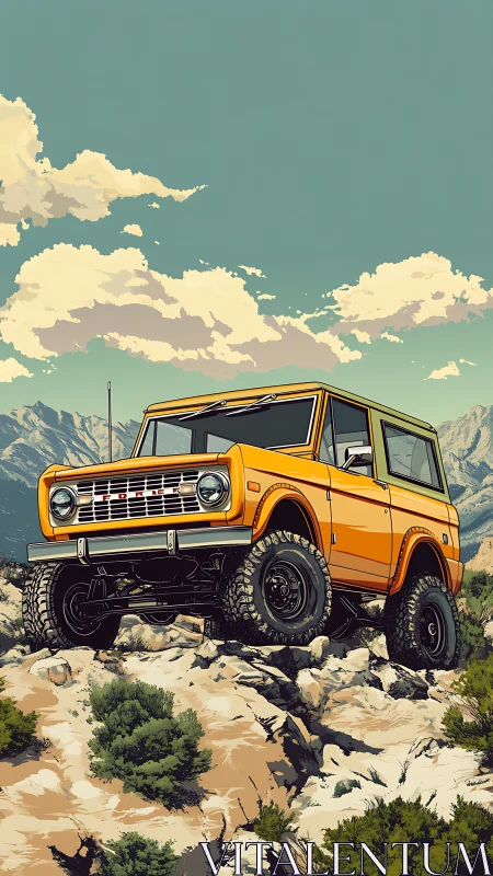 Sun-bright trail bruiser lounges boldly atop rocky mountain ridge