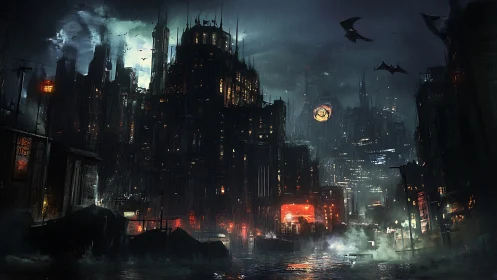 Dark futuristic city skyline in heavy rain at night.