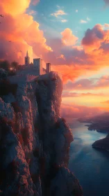 Stone fortress on sea cliff under dense sunset cloudbank.