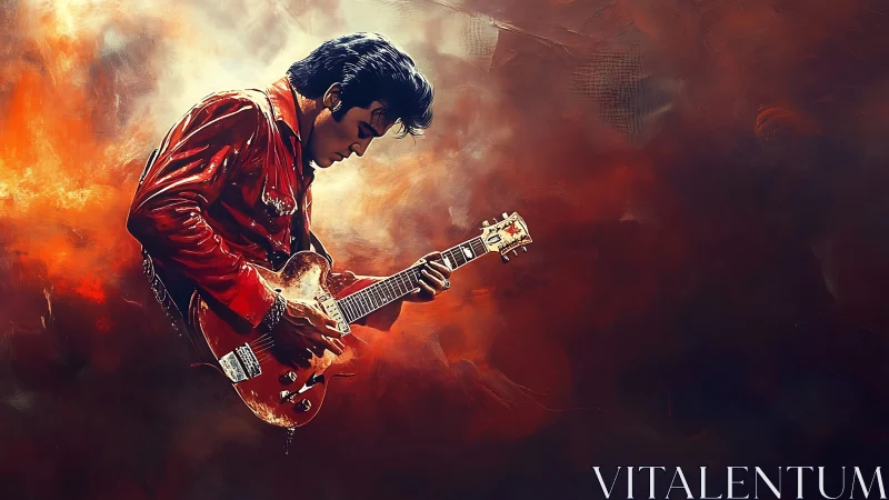 Rock guitarist in red leather ignites blazing abstract stage