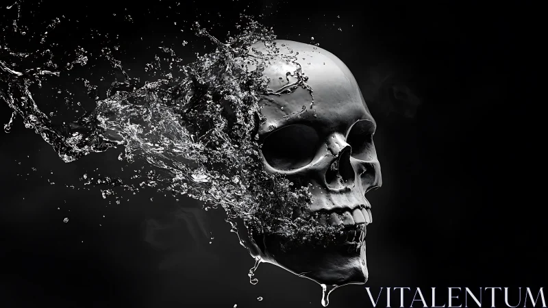 Hydrodynamic metallic skull disintegrating into fluid spray.