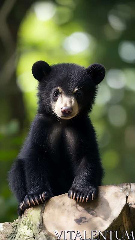 Young black bear cub perched on cut tree trunk outdoors.