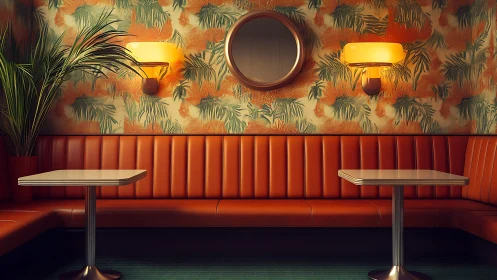 Retro diner booth with orange seating and palm wallpaper