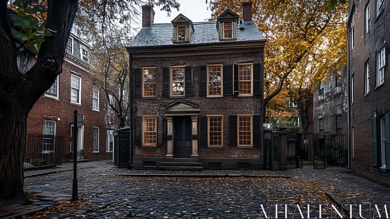 Photorealistic colonial townhouse on cobbled autumn street.