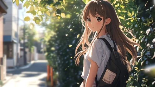 Sunlit stroll with a gentle-hearted girl on a calm street.