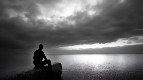 Silhouetted figure studies horizon under brooding coastal sky