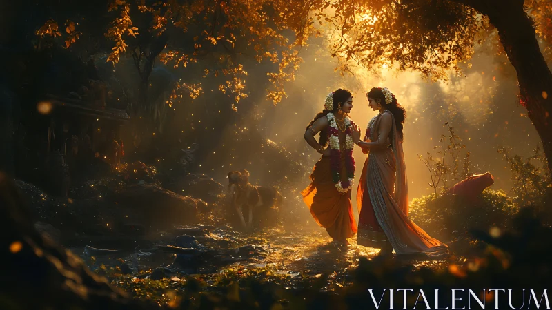 Golden forest lovers sharing a quiet, timeless moment together.