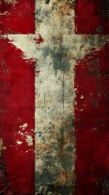 Weathered red surface with white vertical cross motif.