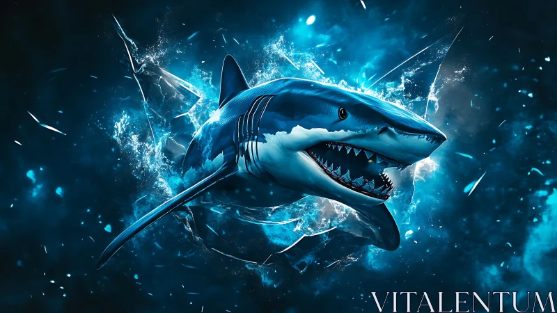 Fierce shark bursting through glowing blue water scene.