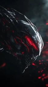 Cybernetic predator head rendered with emissive red hard-surface armor